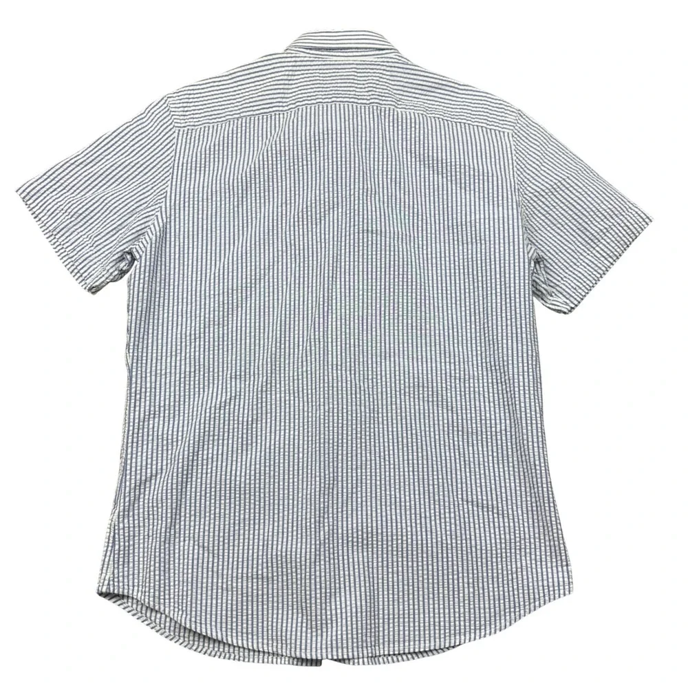 Banana Republic Mens Blue Striped Seersucker Short Sleeve Button Down Shirt